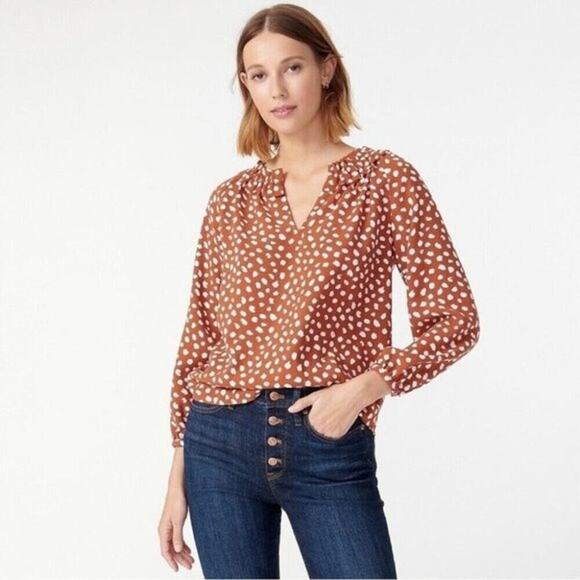J.CREW Drapey Ruffleneck Top, Brushstroke, Printed 365 Crepe, Medium, Orange - Picture 1 of 12
